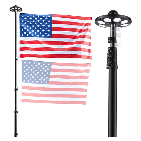 20ft Telescopic Flag Pole Kit with Solar Light - Heavy Duty Aluminum Flagpole, 3x5 American Flag, In Ground for Yard, Residential & Commercial Use, Black