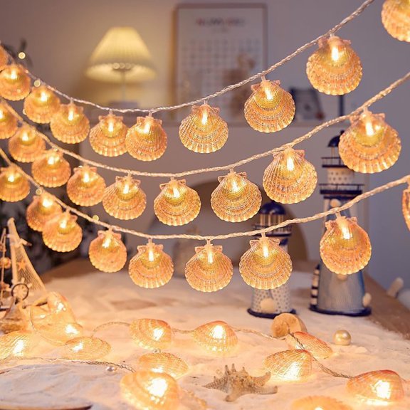 20ft Waterproof Seashell String Lights Outdoor Patio Decor, Warm White Fairy Lights for Camping Balcony Party Holiday Ambiance
