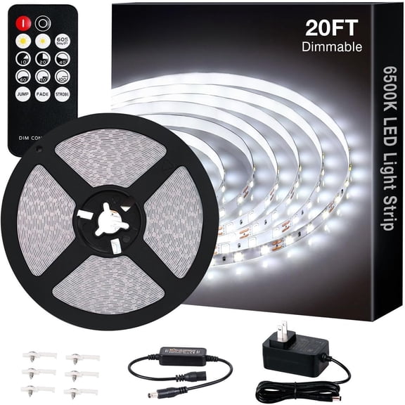 20ft White Strip Lights, Upgraded 6500K Dimmable Tape Lights with Remote and Plug, 12V 360 LEDs Flexible Sticky Cuttable Light Strips for Ceiling Kitchen Under Cabinet Lighting