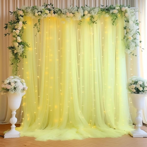 20ft x 10ft Yellow Backdrop Curtain with Lights String for Parties, Sheer Tulle Wedding Photo Backdrops Drapes for Baby Shower Birthday Party Decorations Background for Photography