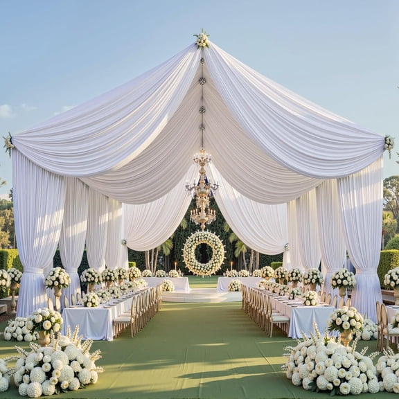 20ft x White Ceiling Curtain for Wedding, 4 Panels Wrinkle Free Tent Draping Curtains, Fabric Canopy Drapes Ceremony Wedding Party Decoration