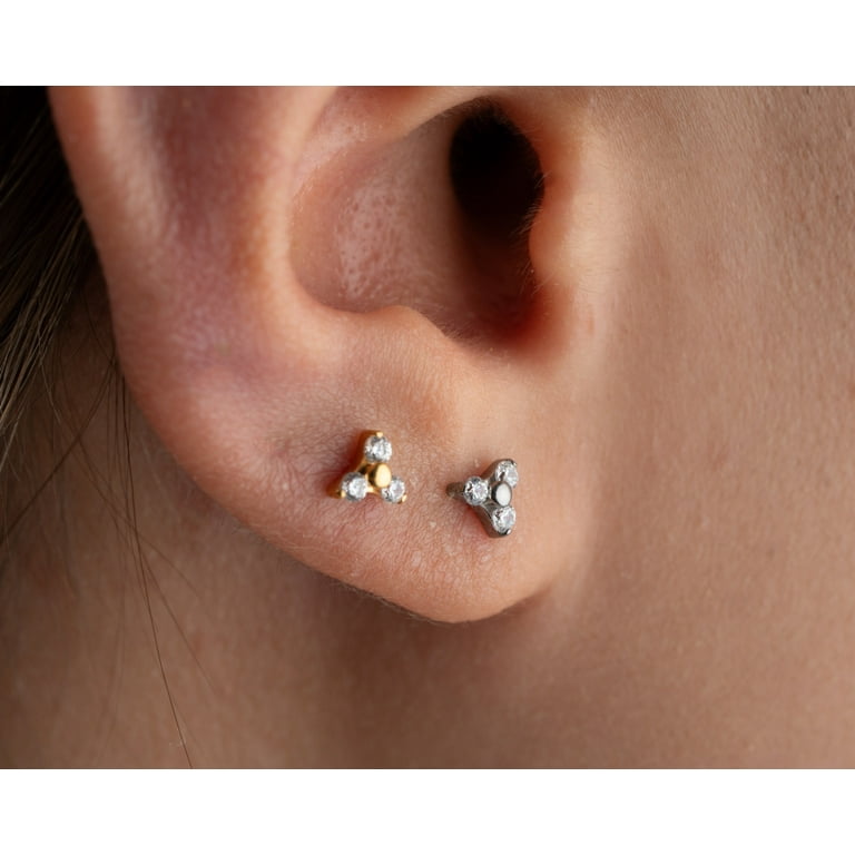 Pair of Implant Grade Titanium Triple Baguette White Opal CZ Threadless Push In Earrings With Flat Back Pair of Implant Grade Titanium Triple Baguette White Opal CZ Threadless Push In Earrings With Flat Back