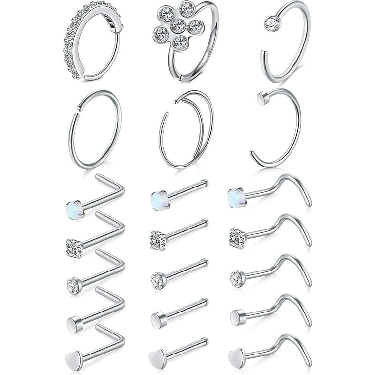 MODRSA Nose Studs 20g Nose Stud L Shaped Diamond Nose Rings Stud for Women  Surgical Steel Nose Rings Nose Screw Nose Piercing Stud Flower Heart  Nostril Jewelry Silver : Clothing, Shoes & Jewelry 