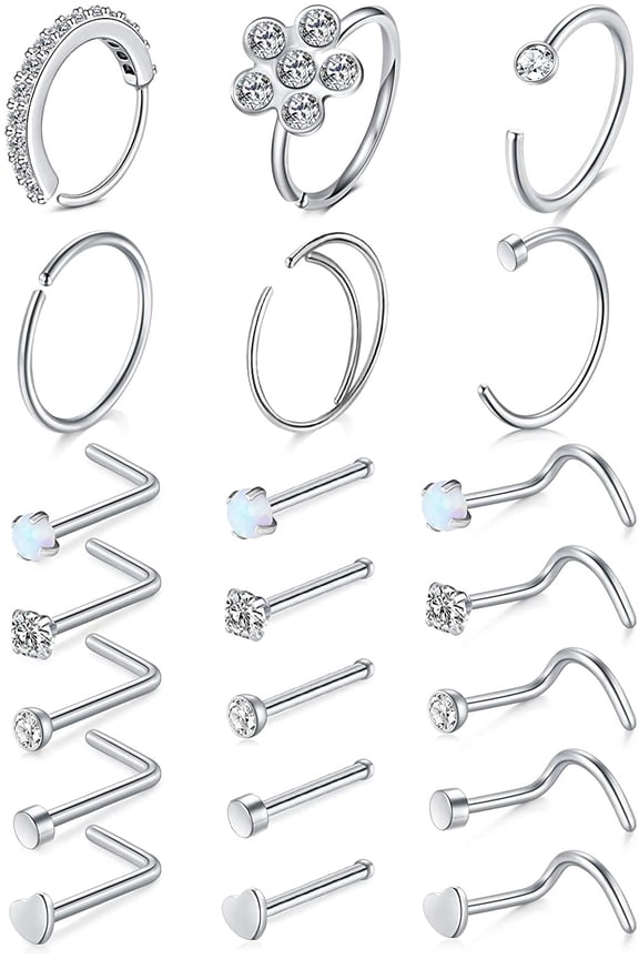 20g Nose Rings Hoop L-Shape/Screw Nose Studs Set Diamond Opal Heart Briana Williams Piercing Jewelry