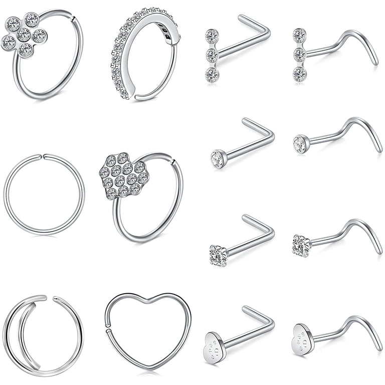 20g Silver Screw/L Shaped Nose Rings Studs Hoop Set Diamond CZ