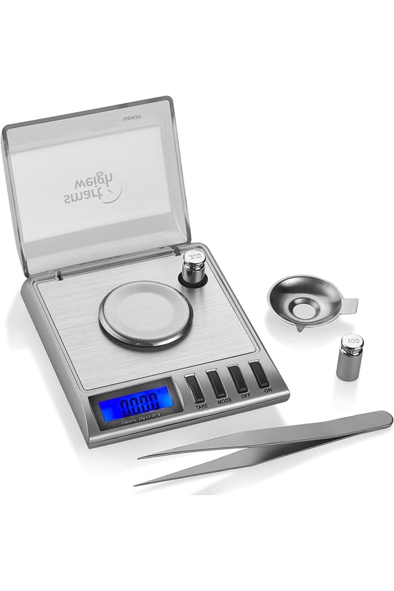 20g x 0.001 grams, High Precision Digital Milligram Jewelry Scale, Reloading, Jewelry and Gems Scale, Calibration Weights and Tweezers Included