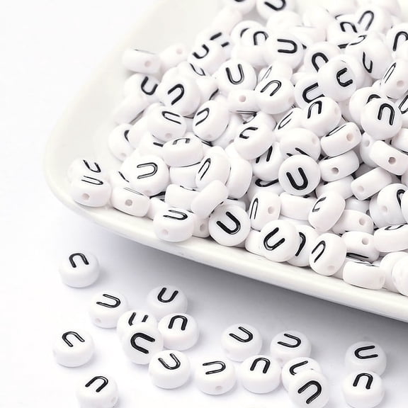 20gs Acrylic Beads with Horizontal Hole Letter Flat Round Letter.U 7x4mm Hole: 1mm about 146pcs/20g