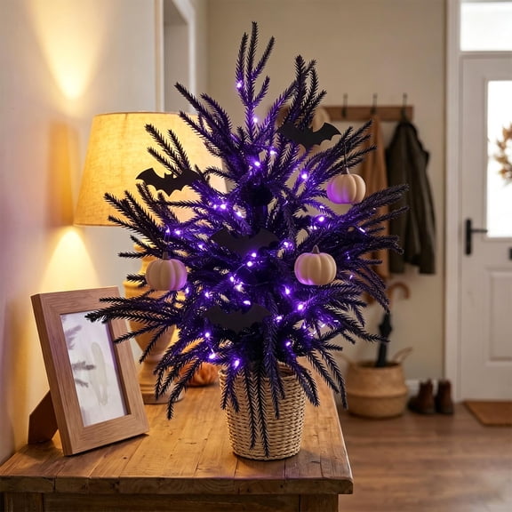 20in Black Halloween Pine Tabletop Tree Spooky Gothic Mini Tree for Holiday Home, Office & Party Decor