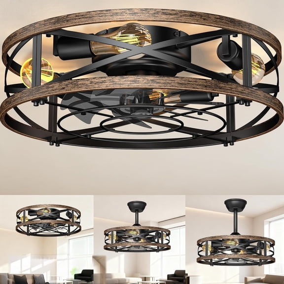 20in Caged Ceiling Fan with Lights, Low Profile Ceiling Fan, Small Rustic Industrial Ceiling Fans with Lights,Reversible Flush Mount Fandaliers Fan Light Ceiling Fixture for Bedroom Kitchen