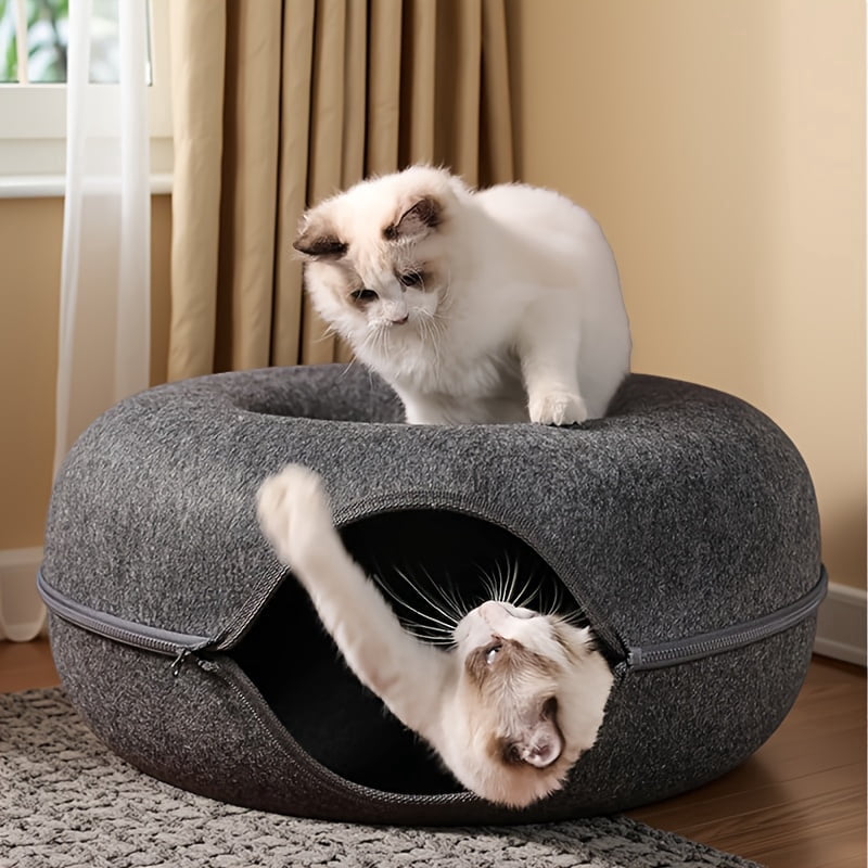 20in Cat Tunnel Bed, Scratch-resistant Donut Cat Bed, Can Accommodate Medium, Small and Large Cats, Detachable and Washable（Light grey）