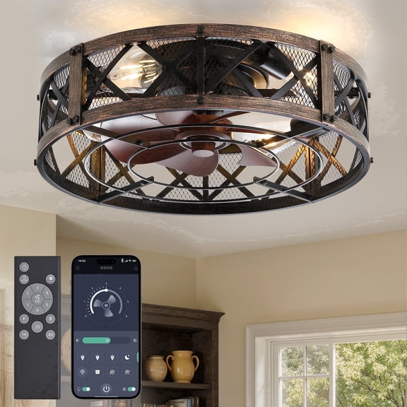 Lokivas 20in Farmhouse Low Profile Ceiling fan with light, APP & Remote Control, 6 Speeds, Bladeless for Bedroom, Living Room, Black and Gold
