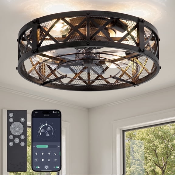 Lokivas 20in Farmhouse Low Profile Ceiling Fan with Light, App & Remote Control, 6 Speeds, Bladeless for Bedroom, Living Room, Black