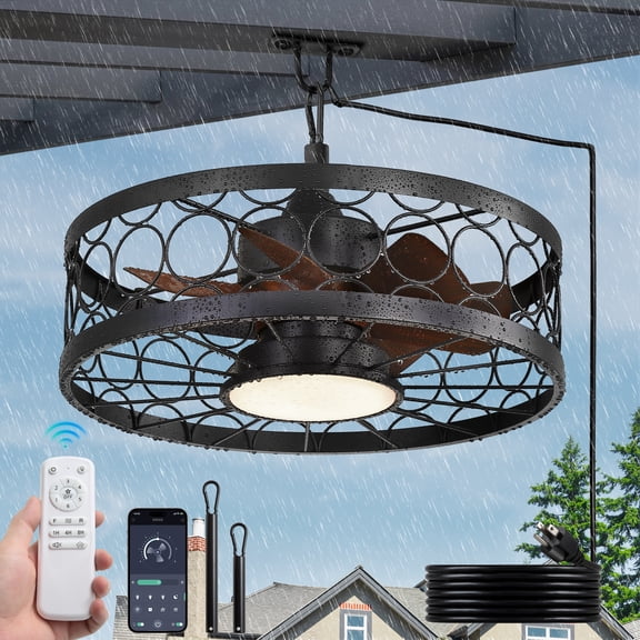Lokivas 20in Outdoor Ceiling Fans with Light and Remote Control, Caged and Waterproof Ceiling Fan with Corded for Plug in for Pergola, Canopy, Patios,Black