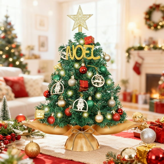 THE BRIVE 20in Red & Gold Tabletop Christmas Tree - Pre-Lit Small Holiday Tree with Star Topper & Ornaments for Home, Office, Party Decor