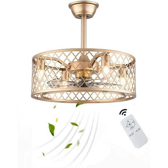20in Retro Ceiling Fan Light Gold Metal Fan Chandelier with Three Wind Speed Adjustable with Timing Remote Control Surface Mount for Living Room Dining Kitchen