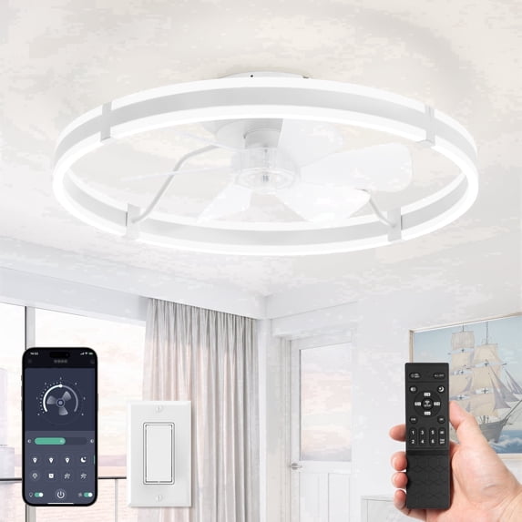 Lokivas 24" White Modern Ceiling Fan with Light, Flush Mount, Quiet 6 Speeds, Dimmable LED, App and Remote Control for Indoor