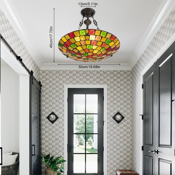 20in Wide Stained Glass Inverted Ceiling Pendant Corded Electric Home Lighting