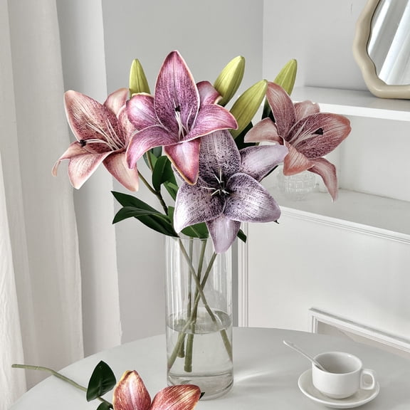 20inch Artificial Lily Flower, Fake Real Touch Lily with 2 Heads Blooms 2 Buds for Home Office Decor Wedding Party Spring Table Centerpiece