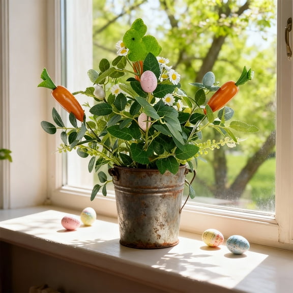 20inch Easter Happy Flowers - Artificial Plastic Bouquet with Greeting Sign, Standing Tabletop Vase Decor, Indoor Spring Arrangement, Easter Party Centerpiece, Home Display