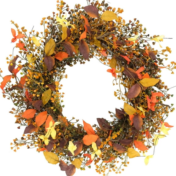 20inch Fall rustic style wreath for front door, Fall leaves wreath with floral for indoor and outdoor use, Harvest and Thanksgiving Day home decorative wreath