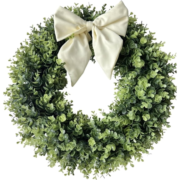 20inch Spring Artificial Eucalyptus Wreath, Handmade Boxwood Weaven with Champagne Ribbon Bow for Farmhouse Front Door Christmas Decor,Green,Christmas