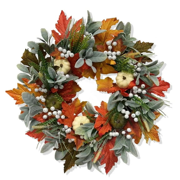 20inch Thanksgiving Fall Wreath, Eucalyptus Berries Pumpkins Lamb Ears Leaves Autumn Wreaths for Front Door, Fall Decor, Porch Wall, Home Outdoor Holiday Decorations Wreath for Autumn(K)