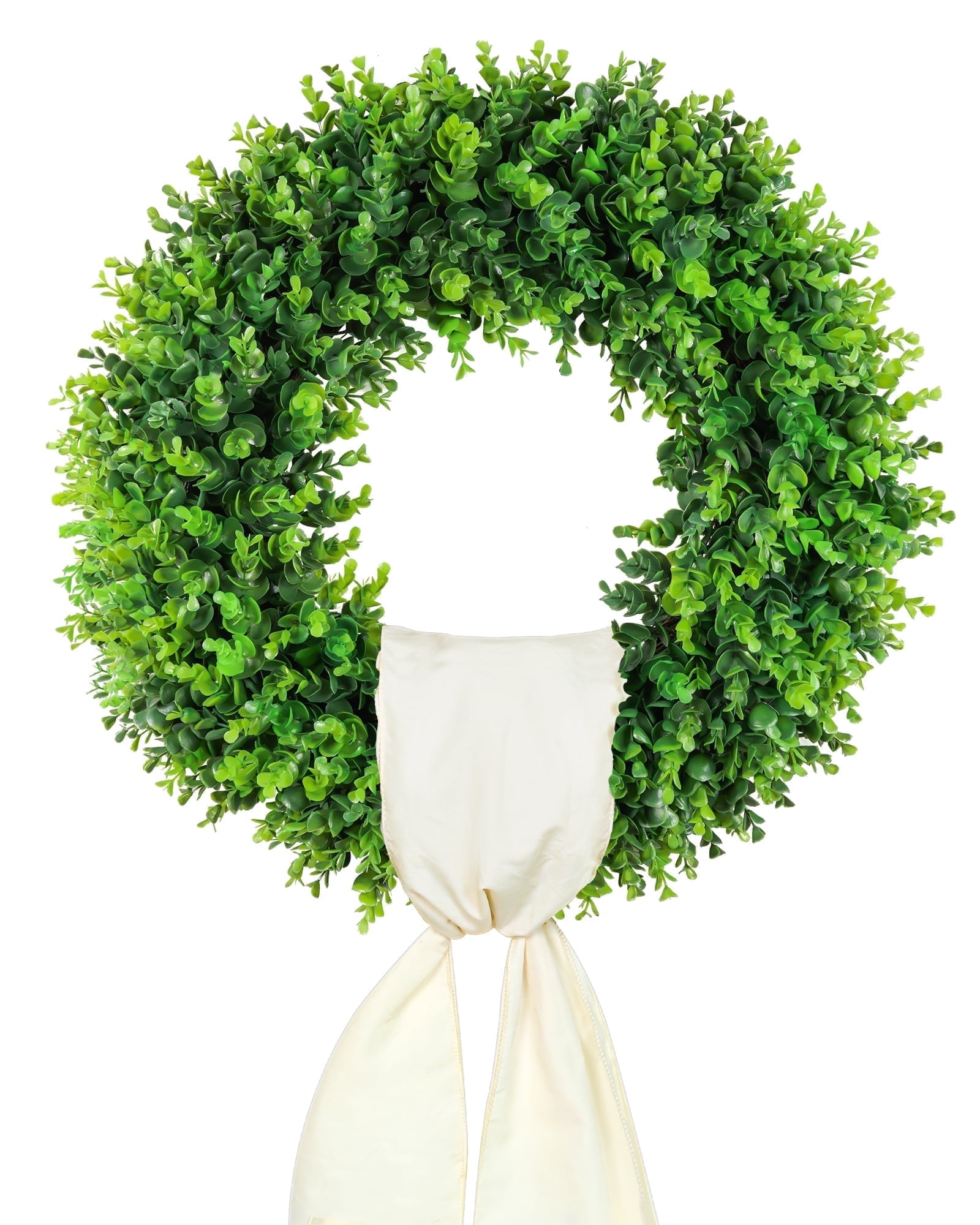 DDHS 20 inch Artificial Boxwood Wreaths, Spring Summer Front Door WreathGreen Wreaths with Sash for Indoor Outdoor -(Hello Sign\u0026Sash)