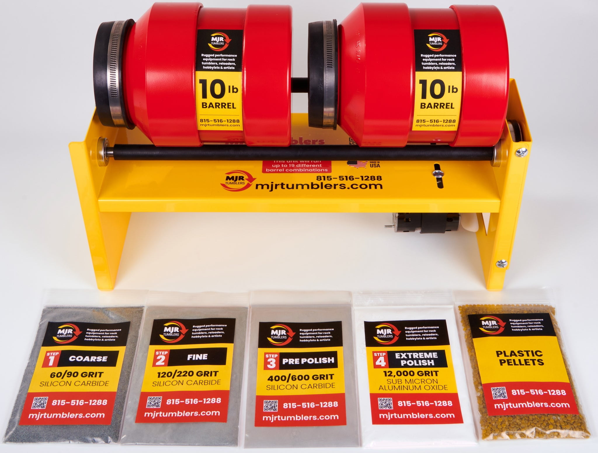 20lb, Double 10lb Barrel, Large Base Rotary Rock Tumbler w Grit Kit MJR TUMBLERS Winner Best