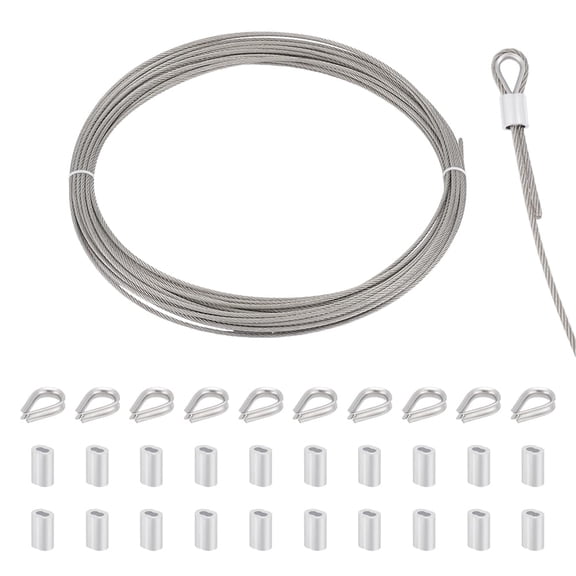 20m Long Stainless Steel Cable 3mm Wire Rope Kit Aircraft Cable Garden Metal Cable Wire with Wire Rope Cable Thimbles and Aluminum Crimping Loop Sleeve for Deck Railing String Light