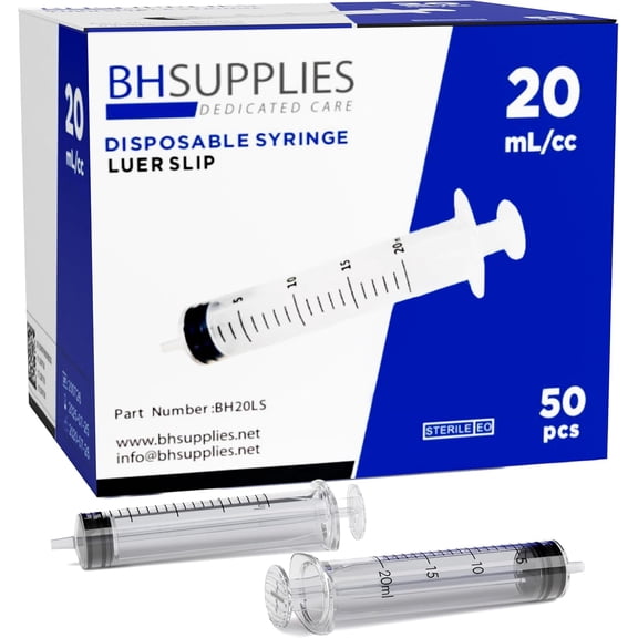 20ml Luer Slip Tip Syringes (No Needle) - Sterile, Individually Wrapped - 50 Syringes