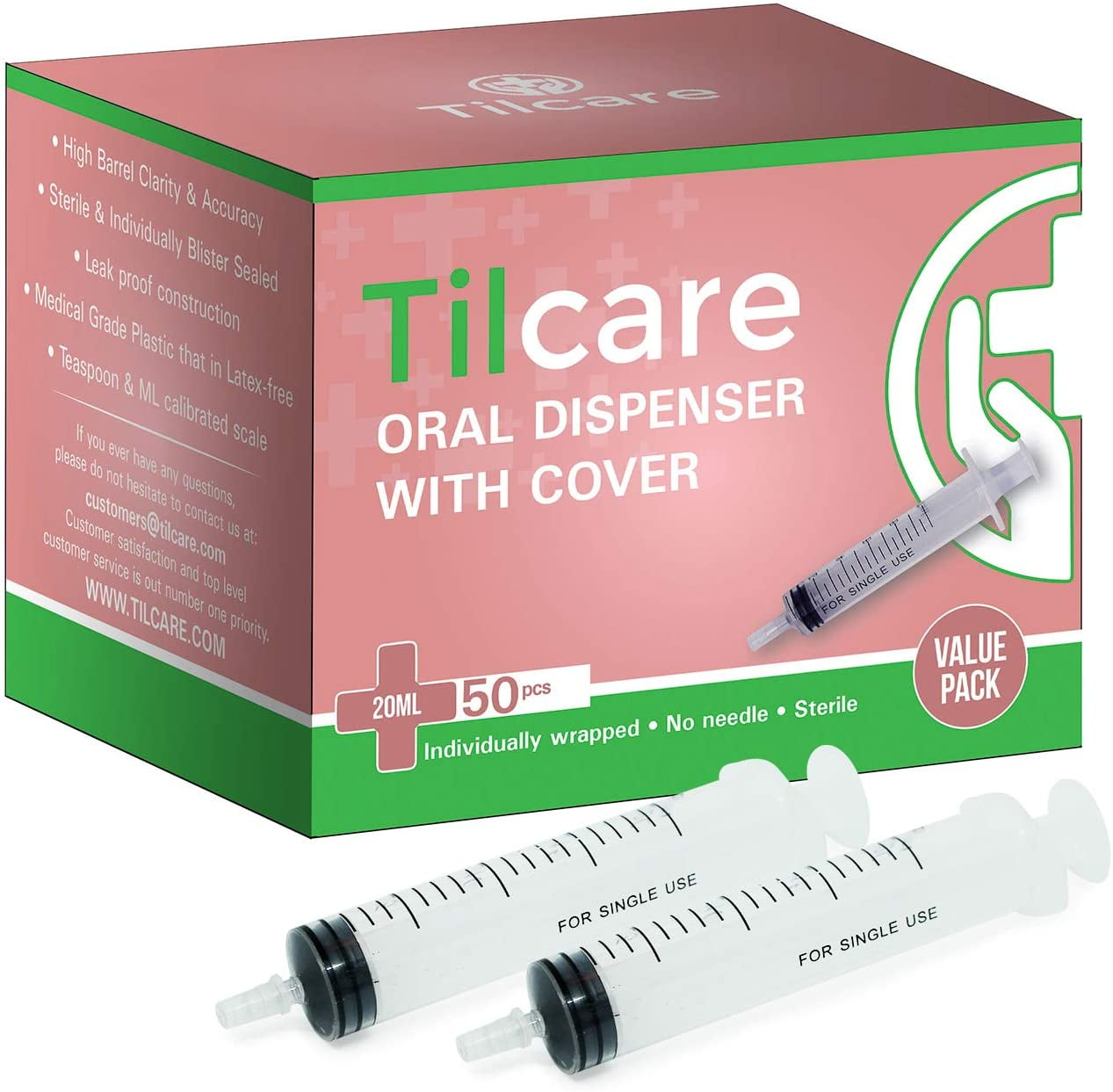 20ml Oral Dispenser Syringe with Covers 50 Pack by Tilcare - Sterile Plastic Medicine Food Droppers for Children, Pets or Adults  Latex-Free Oral Medication Dispenser - Large Feeding Tube Syringes
