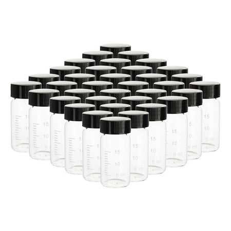 20ml Transparent Small Glass Vials with Scale Black Screwcap Liquid Sampling Sample Glass Bottles for Chemistry Lab Chemicals, Pack of 36