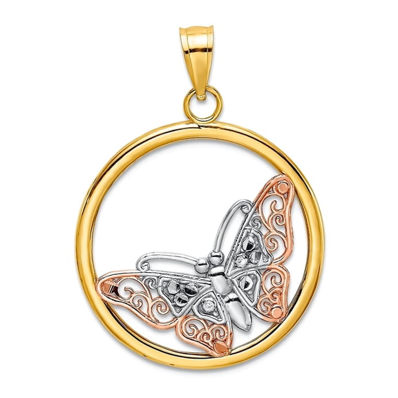 20mm 14k Two-tone Gold Butterfly Angel Wings In Round Frame Tri-color Charm Pendant Necklace for Women