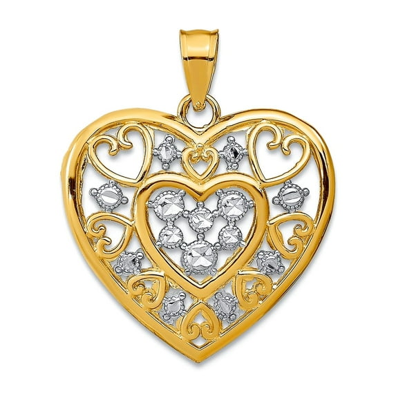 20mm 14k Two-tone Gold Love Heart Cut-out Filigree and White Accent Pendant Necklace Pendant for Women