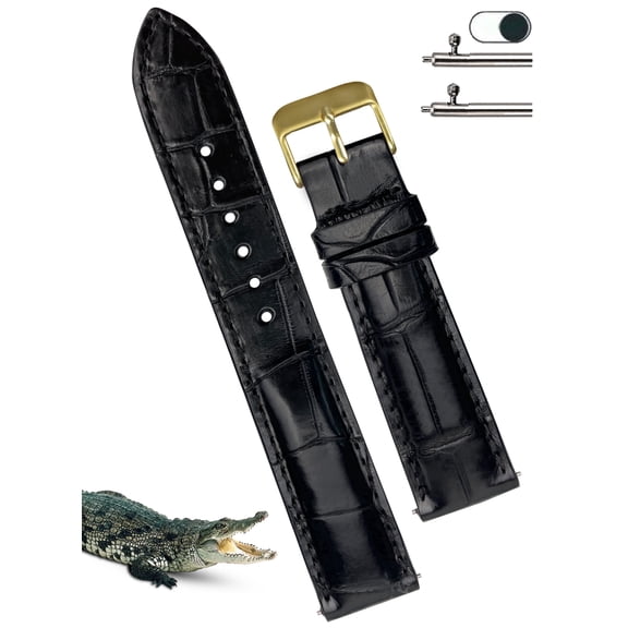 20mm Black Leather Watch Band Alligator Watch Strap Gold Buckle Quick Release Replacement Strap Soft Handmade Wristband Stainless Steel Vintage Gift for Men Father's Day Dad Son Husband