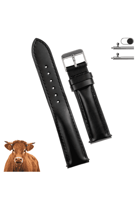 20mm Black Leather Watch Band Men Quick Release Replacement Handmade Wristband Stainless Steel, Gift for Father's Day Dad Son Husband DH-201-20MM