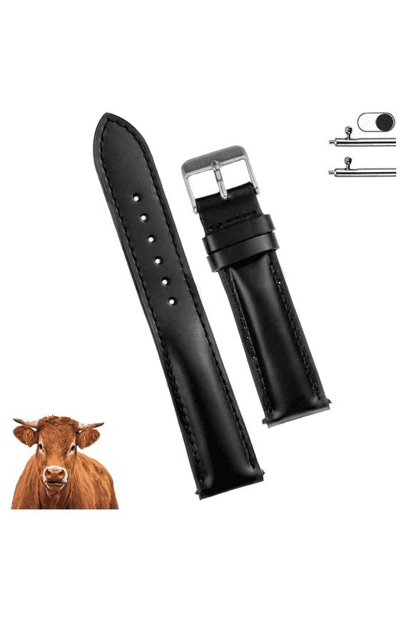 20mm Black Leather Watch Band Men Quick Release Replacement Strap Soft Handmade Wristband Stainless Steel Buckle, Vintage Gift for Father's Day Dad Son Husband DH-201-20MM