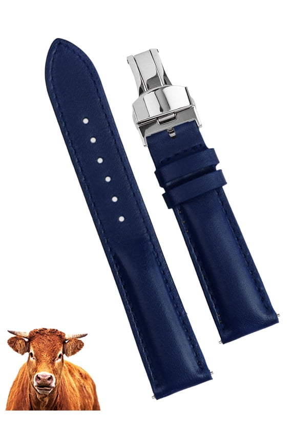 20mm Blue Leather Watch Band Men Deployment Clasp Watch Strap Soft Handmade Wristband Quick Release Replacement Butterfly Buckle, Vintage Gift for Father's Day Dad Son Husband