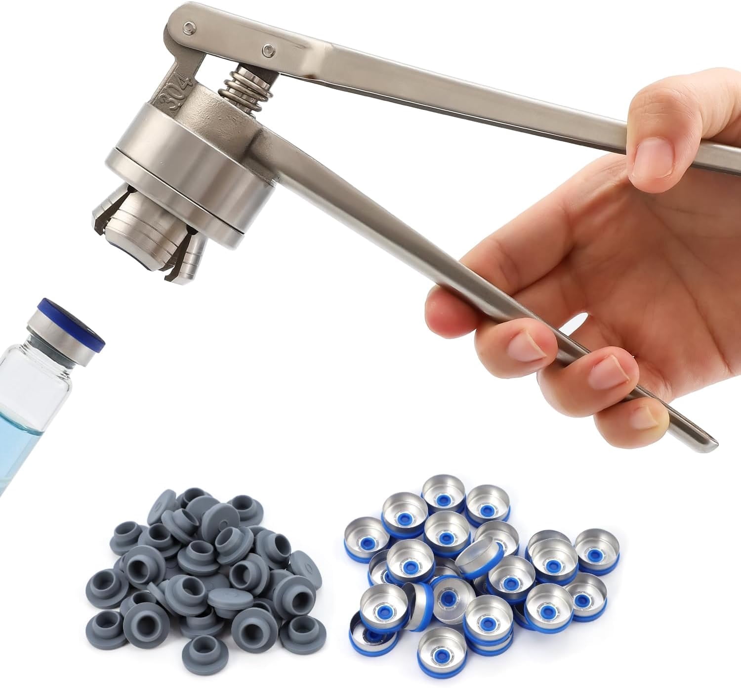 20mm Flip Vial Crimper, Manual Bottle Cap Crimping Tool With 100 Pcs Plastic-aluminum Flip Caps and 100 Pcs Rubber Stoppers, Stainless Steel Manual Crimper