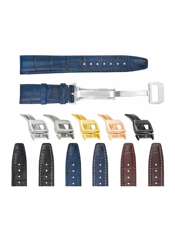 20mm REPLACEMENT LEATHER WATCH BAND STRAP, Blue, Gold Buckle, Compatible With IWC PILOT PORTUGUESE TOP GUN