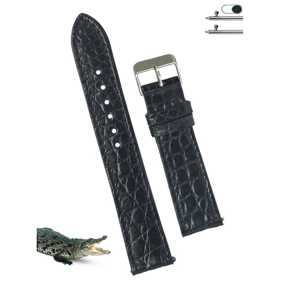 20mm Slim Black AIIigator Watch Band Quick Release Handmade Leather Watch Strap Flat Croc Replacement Wristband Men Stainless Steel Buckle, Christmas Fathers Day Gift for Dad Son Husband