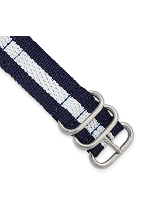 20mm Two-Piece Navy with White Stripe Nylon Strap with Brushed Stainless Steel Buckle and Quick Release Spring Bars 8.5 inch Watch Band