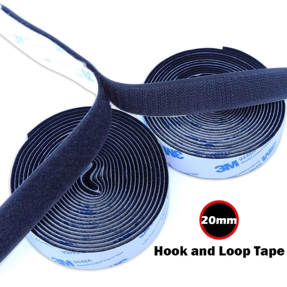 20mm x 3M Black Sticky Back Hook and Loop Tape - Strong Hold, Residue-Free