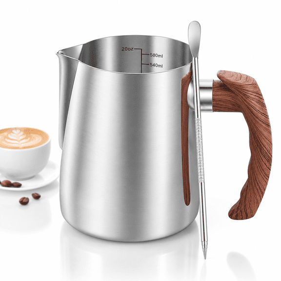 20oz/600ml Milk Frothing Pitcher,304 Stainless Steel Barista Espresso Steaming Pitcher with Ergonomic Handle and Measurement Scale for Latte Art with Coffee Art Pen