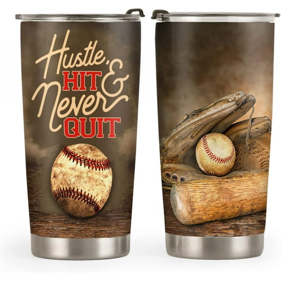 20oz Baseball Gifts for Boys, Baseball Gifts for Men, Coffee Thermos for Men, Valentines Day Gifts for Him, Hustle Hit Never Quit Baseball Tumbler Cup, Insulated Travel Coffee Mug with Lid