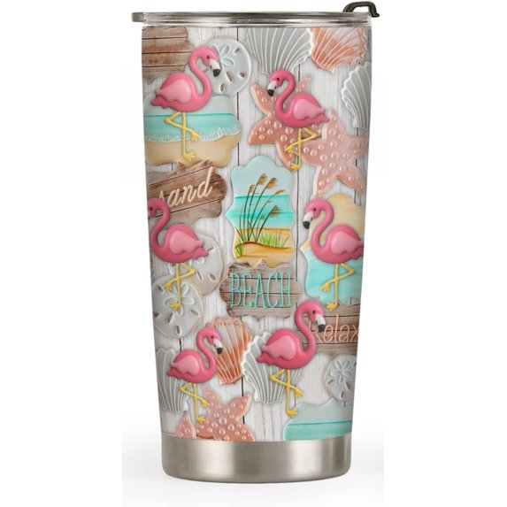 20oz Beach Gifts for Women, Beachy Gifts for Women, Beach Lover Gifts, Beach Themed Gifts, Valentines Day Gifts for Her, Ocean Flamingo Beach Tumbler Cup, Insulated Travel Coffee Mug with Lid