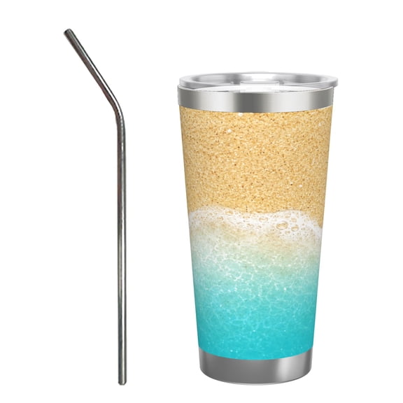 20oz Beach Ocean Wave Starfish Summer Insulated Tumbler with Handle Straw Travel Cup Coastal Sand Sea Vacation Gift Cup with Stainless Steel Straw