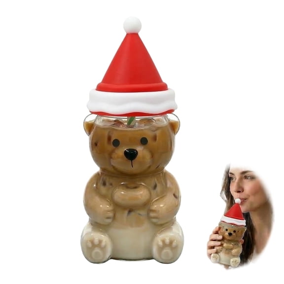 20oz Bear Shaped Glass Tumbler with Straw and Lid for Iced Coffee, Clear Boba Cup