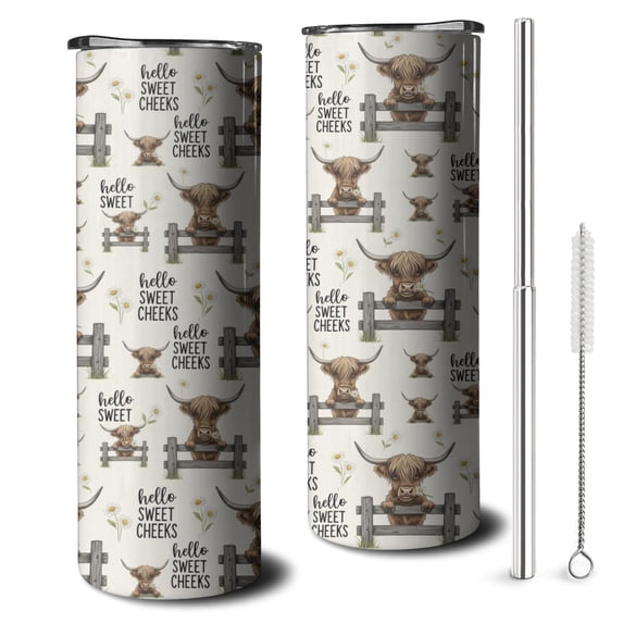 20oz Beige Highland Cow Fence Daisy Pattern Skinny Tumblers Stainless Steel Tumbler with Lid and Straw,Vacuum Insulated Double Wall Travel Tumbler Cups with Cleaning Brush for Coffee,Tea