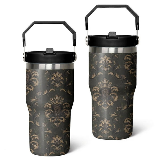 20oz Black Gold Baroque Stainless Steel Tumbler with Top Handle,Boho Style Travel Coffee Mug Flip Straw Cup,Gifts for Women Girls Men Adults(black)
